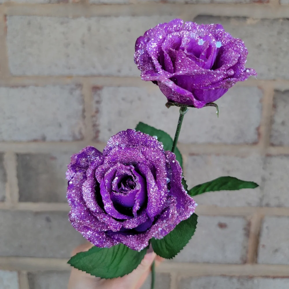 Handmade Purple Glitter Faux Rose Stems Artificial Flowers Sparkly Floral Decor